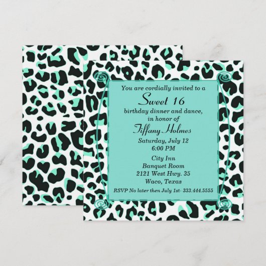 Mint Snow Leopard Sweet 16 Birthday Invitation Kaart (Voorkant / Achterkant)