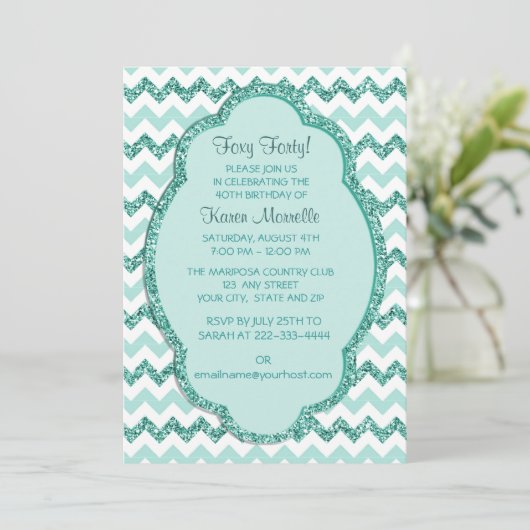 Mint Sparkle Chevron Womans 40th Birthday Party Kaart (Staand voorkant)