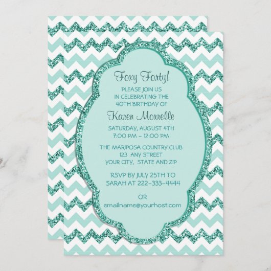 Mint Sparkle Chevron Womans 40th Birthday Party Kaart (Voorkant / Achterkant)