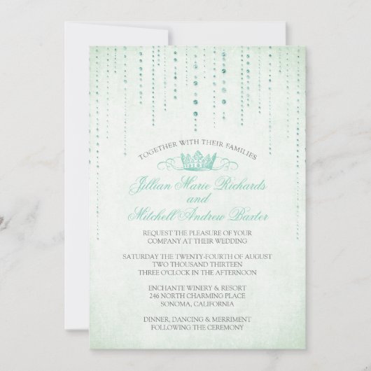 Mint Sparkles & Crown Fairytale Wedding Invitation Kaart (Voorkant)
