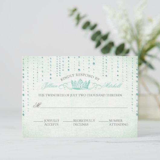 Mint Sparkles & Crown Fairytale Wedding RSVP Card (Staand voorkant)
