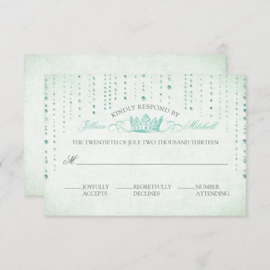 Mint Sparkles & Crown Fairytale Wedding RSVP Card (Voorkant / Achterkant)