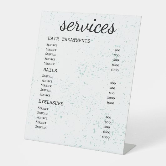 Mint Splatter Modern Salon Service Menu Reclamebord Met Voetstuk (Voorkant)