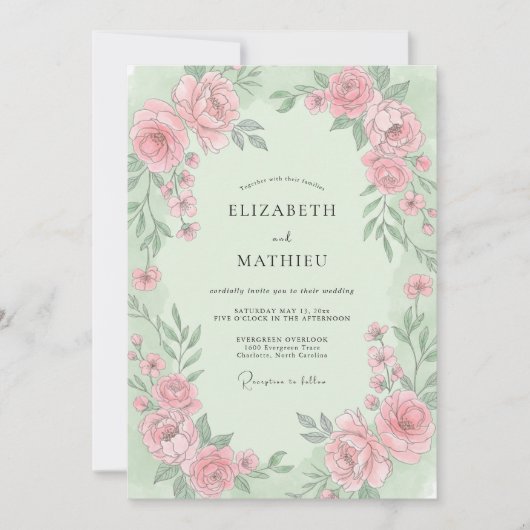 Mint Stof Roze Ranunculus Eucalyptus Bruiloft Kaart (Voorkant)