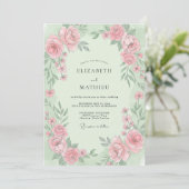 Mint Stof Roze Ranunculus Eucalyptus Bruiloft Kaart (Staand voorkant)