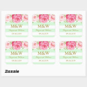 Mint Streep Roze Bloemen Monogram Bruiloft Favor L Vierkante Sticker (Vel)