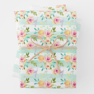 Mint strepen Floral Chic Inpakpapier Vel