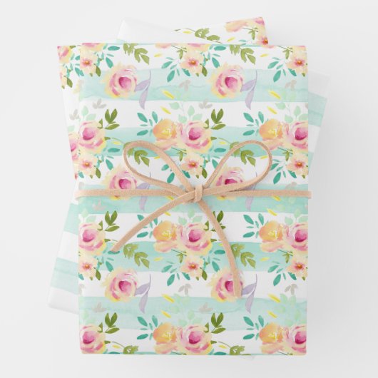 Mint strepen Floral Chic Inpakpapier Vel (In situ)