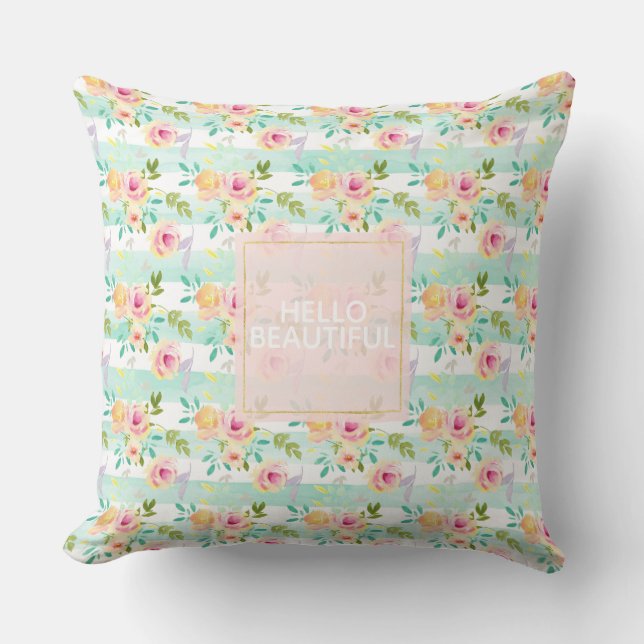 Mint strepen Floral Chic Kussen (Voorkant)
