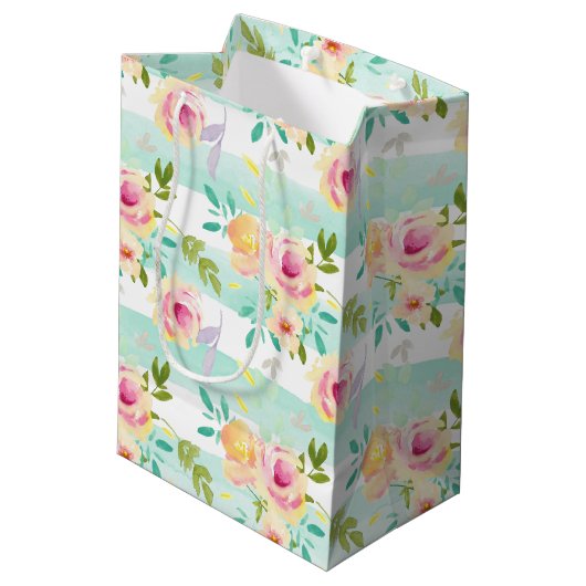 Mint strepen Floral Chic Medium Cadeauzakje (Achterkant Gekanteld)