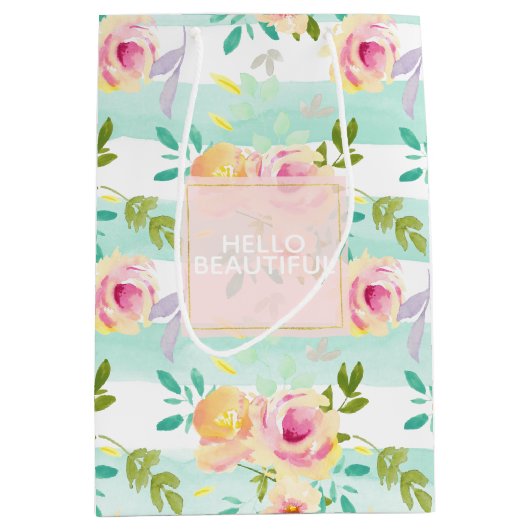 Mint strepen Floral Chic Medium Cadeauzakje (Voorkant)