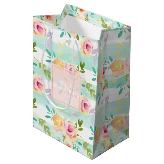 Mint strepen Floral Chic Medium Cadeauzakje (Voorkant Gekanteld)