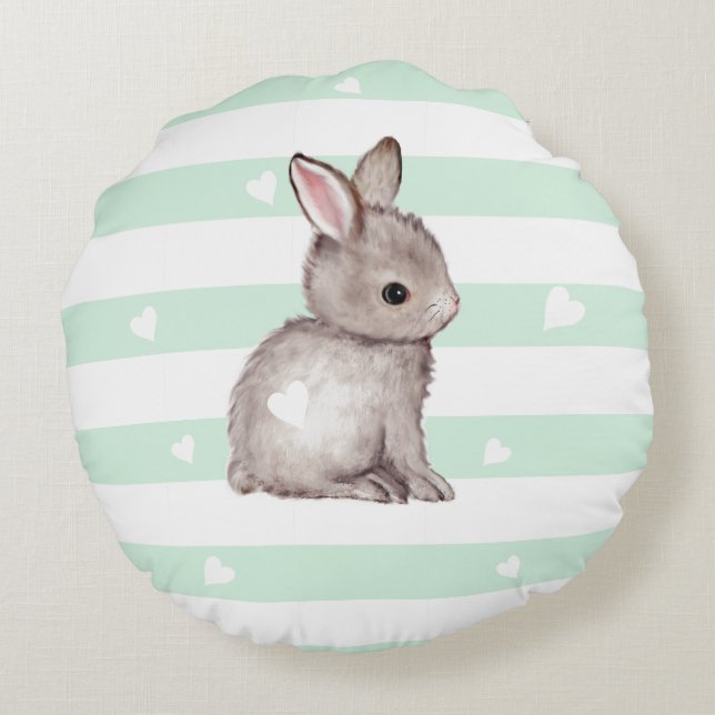 Mint strepen hart grijs konijnenkussen rond kussen (Achterkant)
