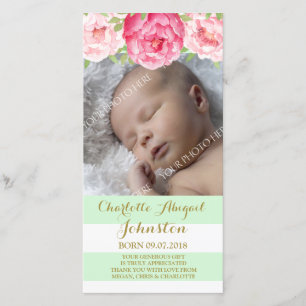 Mint strepen roze bloemen dank u Baby shower Bedankkaart