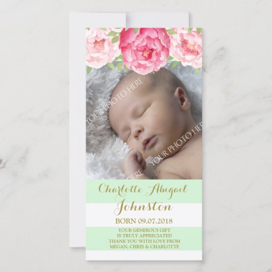 Mint strepen roze bloemen dank u Baby shower Bedankkaart (Voorkant)