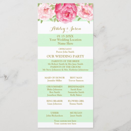 Mint strepen roze Waterverf bruiloft programma Programmakaart (Achterkant)