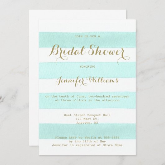 Mint stripe Gold scriptbridale doucheuitnodigingen Kaart (Voorkant / Achterkant)