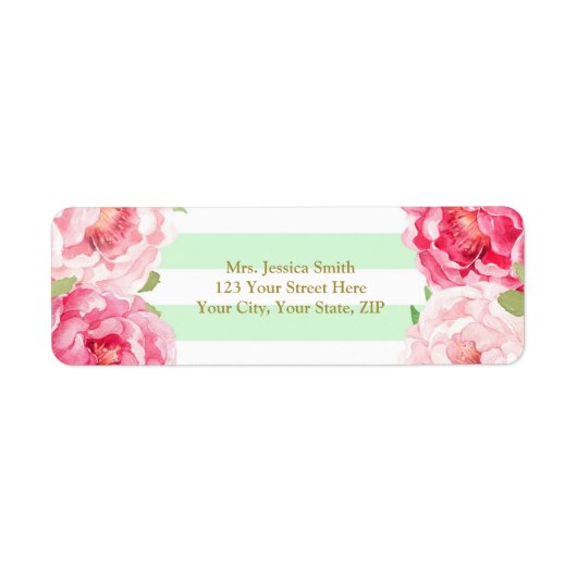 Mint Stripe Goud Roze Bloemen Retouradres Label (Voorkant)