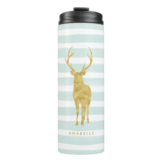 Mint Stripes en Gold Deer Head Thermosbeker (Voorkant)