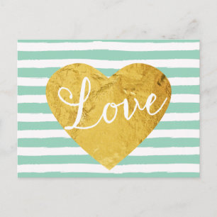 Mint Stripes Fake Gold Love Heart Cute Girly Briefkaart