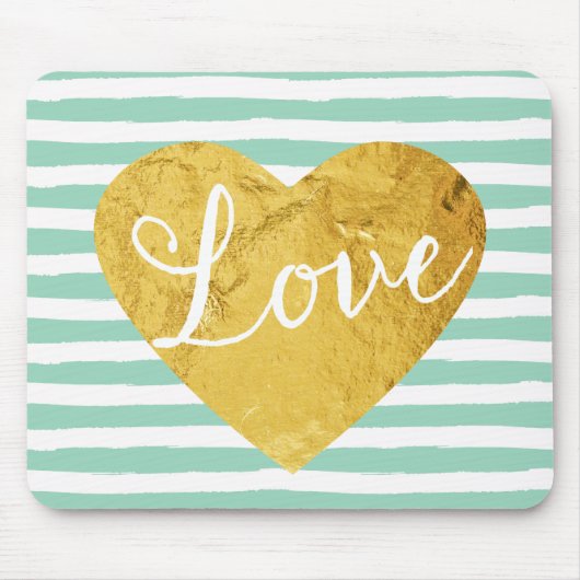Mint Stripes Fake Gold Love Heart Cute Girly Muismat (Voorkant)