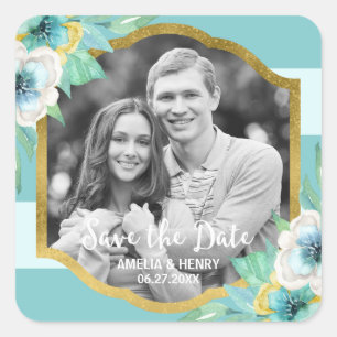 Mint Stripes Faux Gold Floral Save the Date Photo Vierkante Sticker