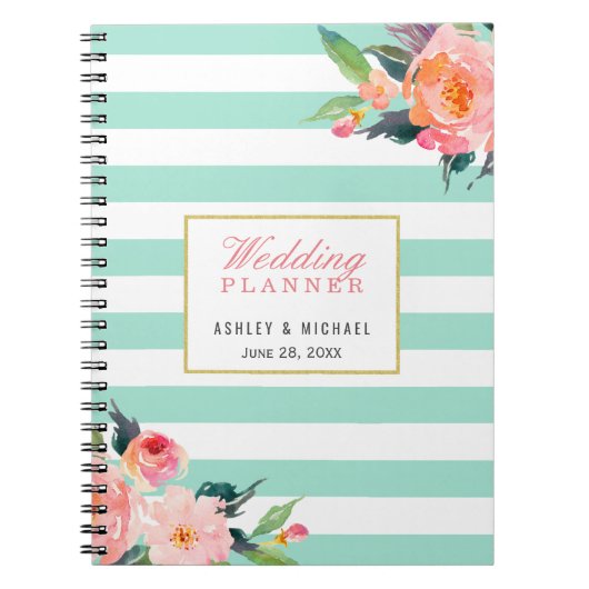 Mint Stripes Floral Wedding Planner Guestbook Notitieboek (Voorkant)