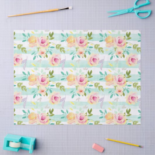 Mint Stripes Geel Roze Bloemen Chic Tissuepapier (Craft)