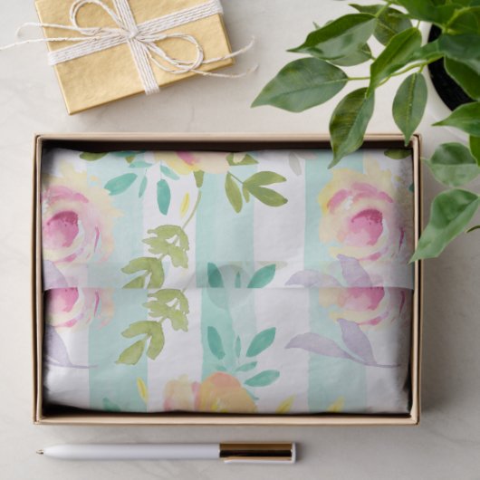 Mint Stripes Geel Roze Bloemen Chic Tissuepapier (Geschenk)