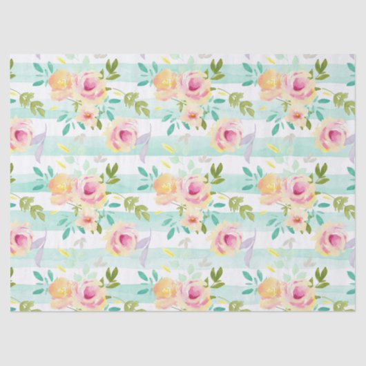 Mint Stripes Geel Roze Bloemen Chic Tissuepapier (Voorkant)