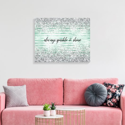 Mint Stripes Glam Glitz Silver Glitter Canvas Afdruk (Insitu (Woonkamer))
