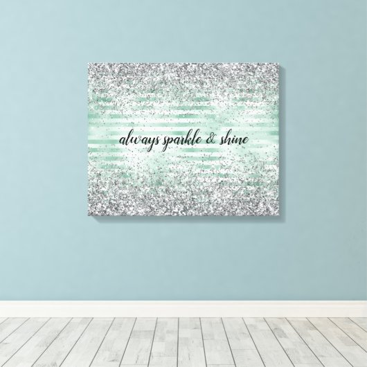 Mint Stripes Glam Glitz Silver Glitter Canvas Afdruk (Insitu (Houten vloer))