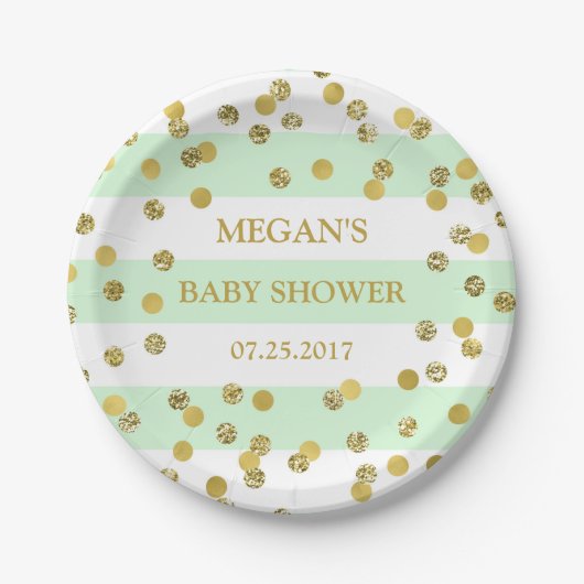 Mint Stripes Gold Confetti Baby shower Bord (Voorkant)