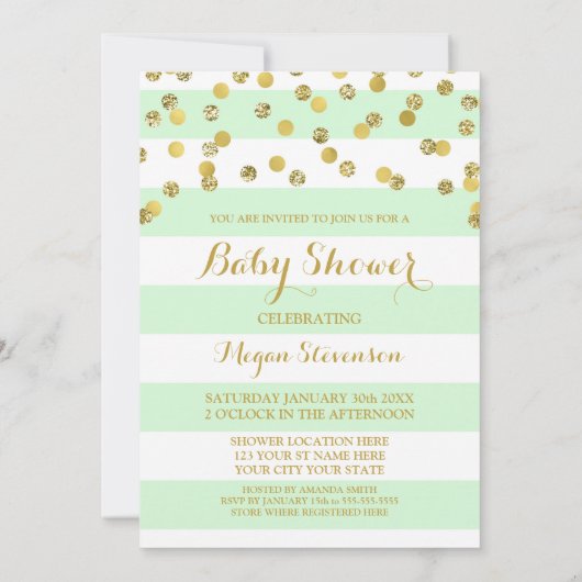 Mint Stripes Gold Confetti Baby shower Uitnodiging (Achterkant)
