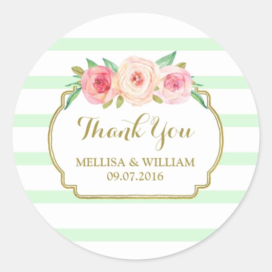 Mint Stripes Goud Roze Bloemen Bruiloft Favor Labe Ronde Sticker (Voorkant)