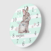Mint Stripes Grey Bunny Nursery Wall Clock Grote Klok (Hoek)