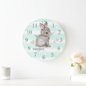 Mint Stripes Grey Bunny Nursery Wall Clock Grote Klok (Huis)