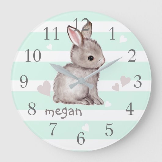 Mint Stripes Grey Bunny Nursery Wall Clock Grote Klok (Voorkant)
