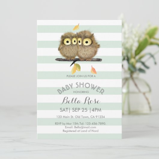 Mint Stripes Grey Owl Baby Shower-uitnodigingen Kaart (Staand voorkant)