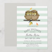 Mint Stripes Grey Owl Baby Shower-uitnodigingen Kaart (Voorkant / Achterkant)