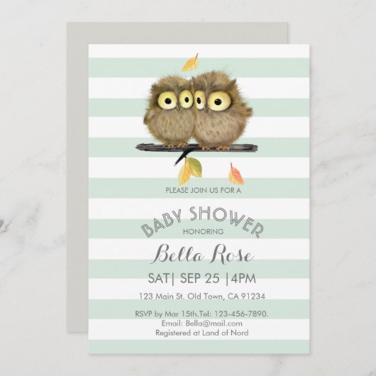 Mint Stripes Grey Owl Baby Shower-uitnodigingen Kaart (Voorkant / Achterkant)