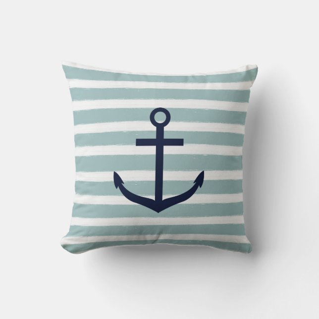 Mint Stripes Nautical Anchor Kussen (Voorkant)