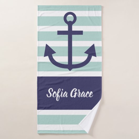 Mint Stripes Navy Anchor Script Name Bath Towel Badhanddoek (Badhanddoek)