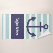 Mint Stripes Navy Anchor Script Name Bath Towel Badhanddoek (Badhanddoek)