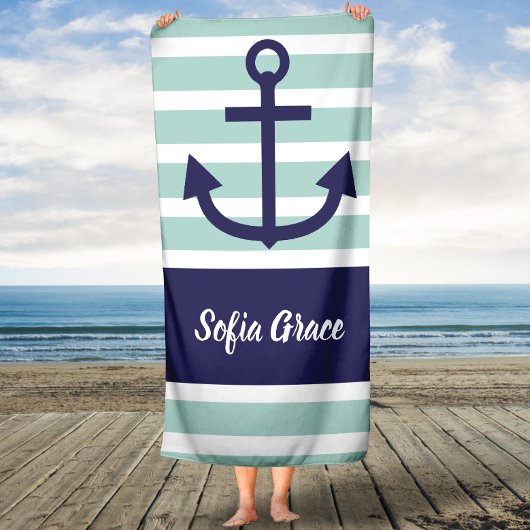 Mint Stripes Navy Anchor Script Name Bath Towel Badhanddoek