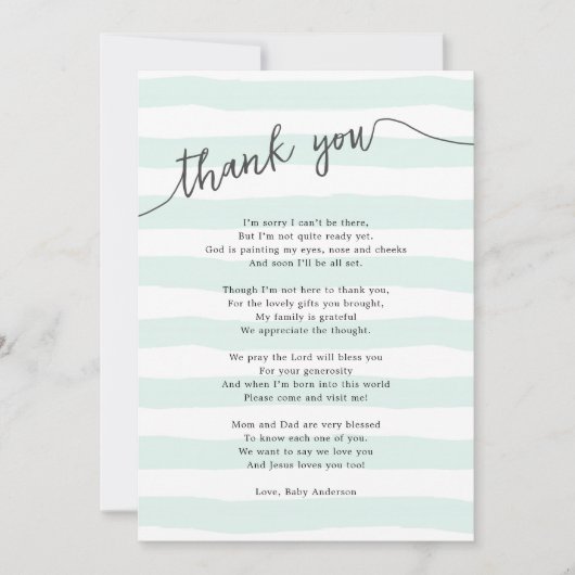 Mint Stripes neutraal Baby shower gedicht Bedankkaart (Voorkant)