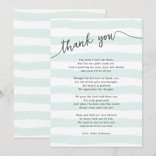 Mint Stripes neutraal Baby shower gedicht Bedankkaart (Voorkant / Achterkant)
