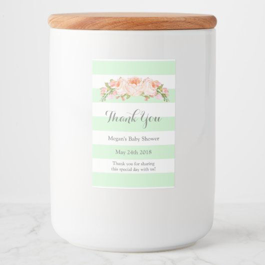 Mint Stripes Perzik Bloemen Baby shower Label Voedselcontainer Etiket (Voorkant)