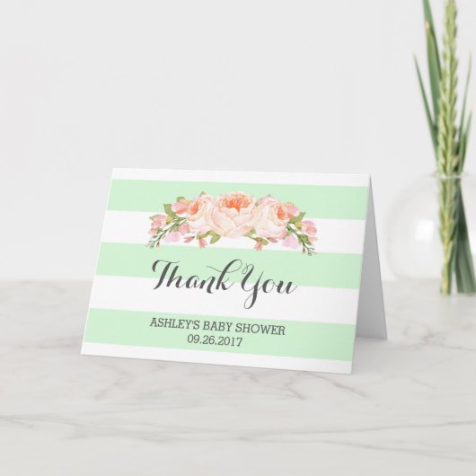 Mint Stripes Pink Flowers Baby shower Hartelijk da Bedankkaart (Voorkant)