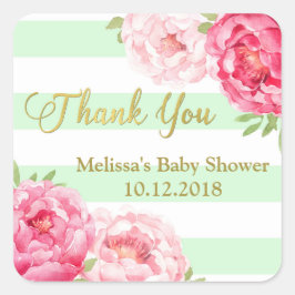 Mint Stripes Roze Bloemen Baby shower Dank u Vierkante Sticker